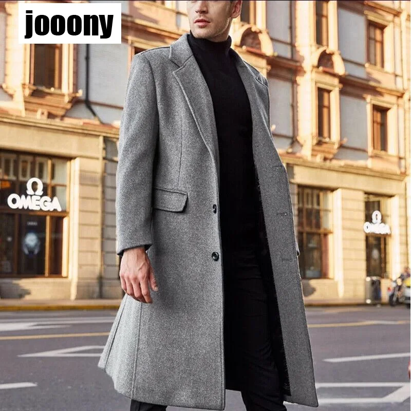 

Men's Korean Coat Fashion New Long Sleeve Woolen Long Coat Trench Coat Winter Men's Coat Solid Color Long Sleeve Button Jacket