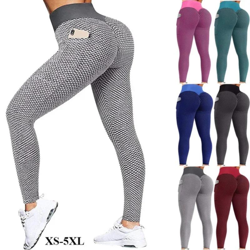 XS-5XL Leggings Women's Yoga Pants High Waist Jacquard Honeycomb Bubble Sport Tights Seamless Stretchy Sweatpants Gym Legging