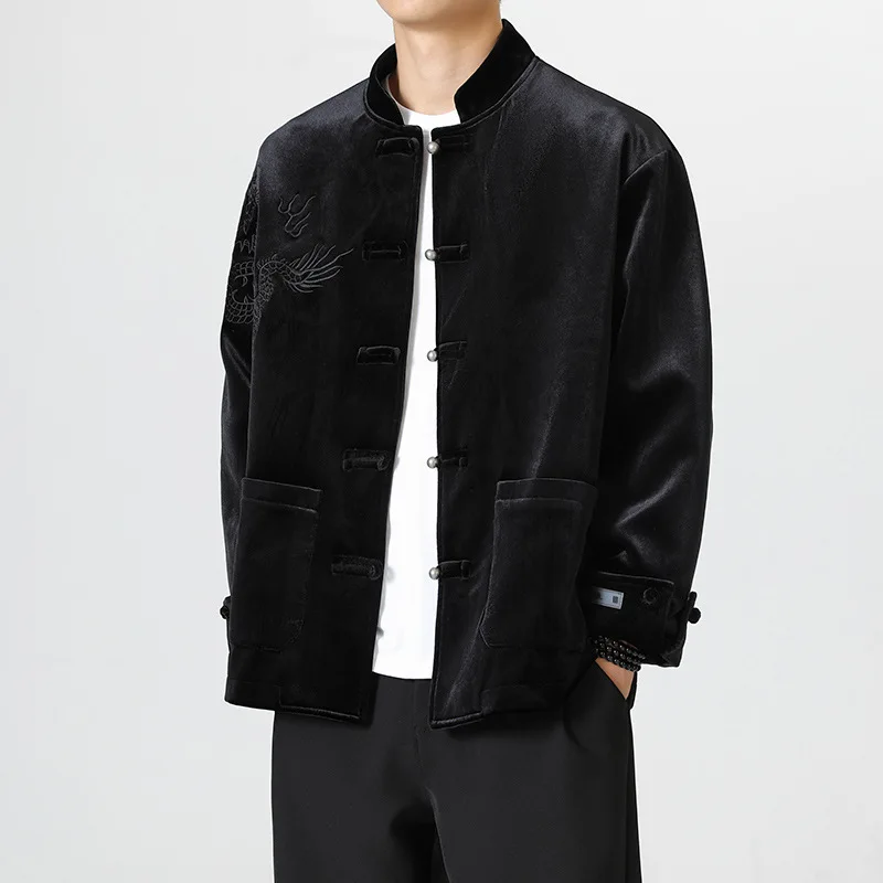 Autumn Winter Velvet Jacket Men's New Chinese Style Vintage Tang Costume Traditional Dragon Embroidery Coat Large Size 5XL Top