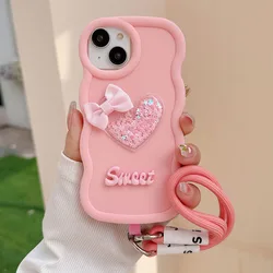 Candy Silicone Soft Phone Case with Wrist Strap and Heart Quicksand Design - Galaxy M01s (Pink)