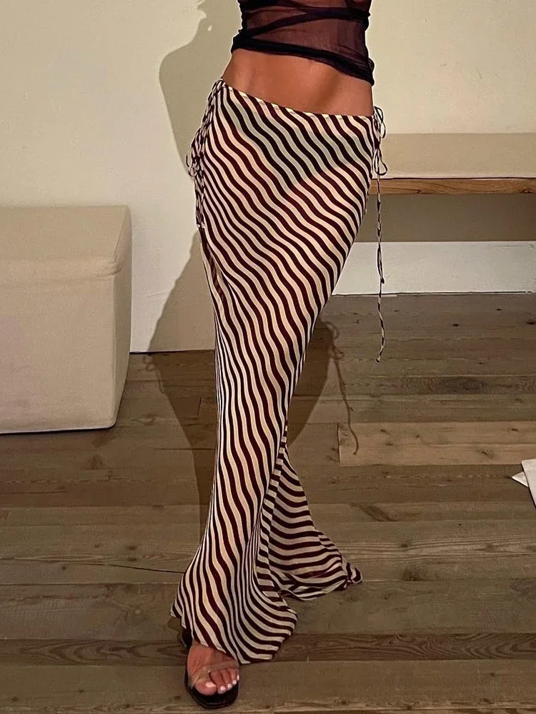 

Waves Striped Skirts Women Sexy See Through Chiffon Long Skirts Summer Fashion High Waist Holidays Party Beach Skirts 2024