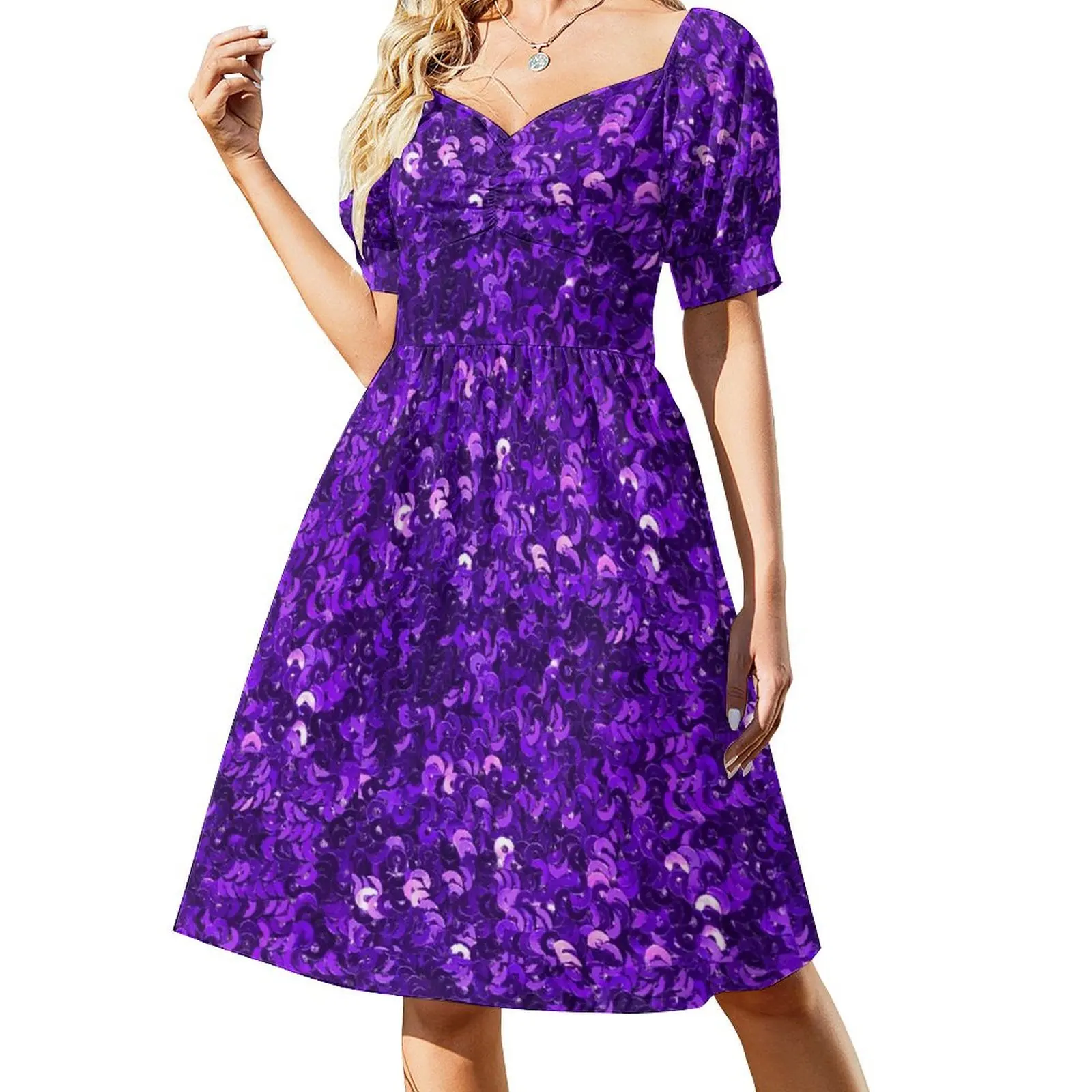 thumbnail image 1 of Vestido de manga corta con estampado de lentejuelas moradas Ropa femenina Vestido de verano mujer Vestidos elegantes Vestido, 1 of 7