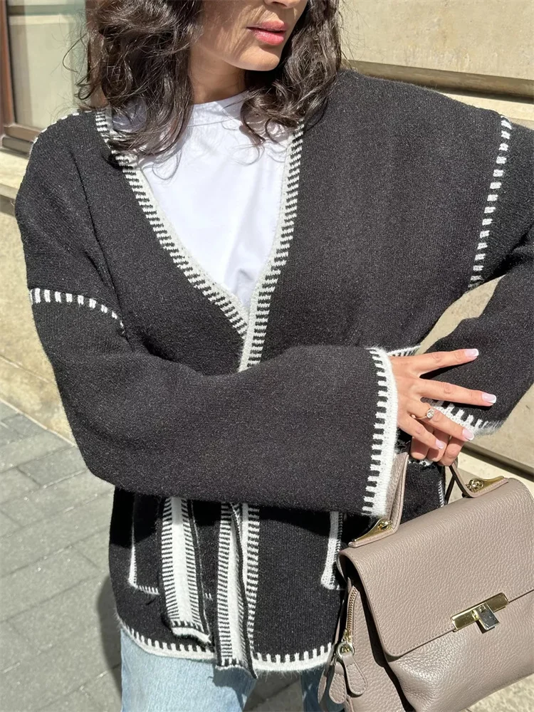 Knit Contrast Cardigan Sweater For Women Lace-Up Pocket Long Sleeve Patchwork Loose Coat Autumn Knitwear Women's Outwear