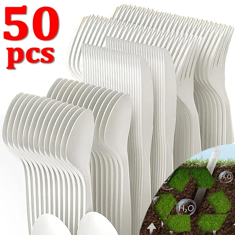 Disposable Tableware Set Disposable Fork Spoon Knife Cutlery Set Natural Corn Dinnerware for Party Tableware Dessert Cake Spoons Christmas Dinner Set stainless steel cutlery set disposable wooden tableware plastic tableware set