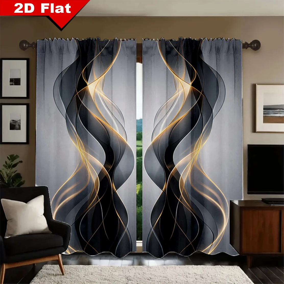 2 rideaux occultants abstraits à motifs linéaires pour chambre à coucher, décoration moderne, panneaux de fenêtre imprimés motif vague dorée 1