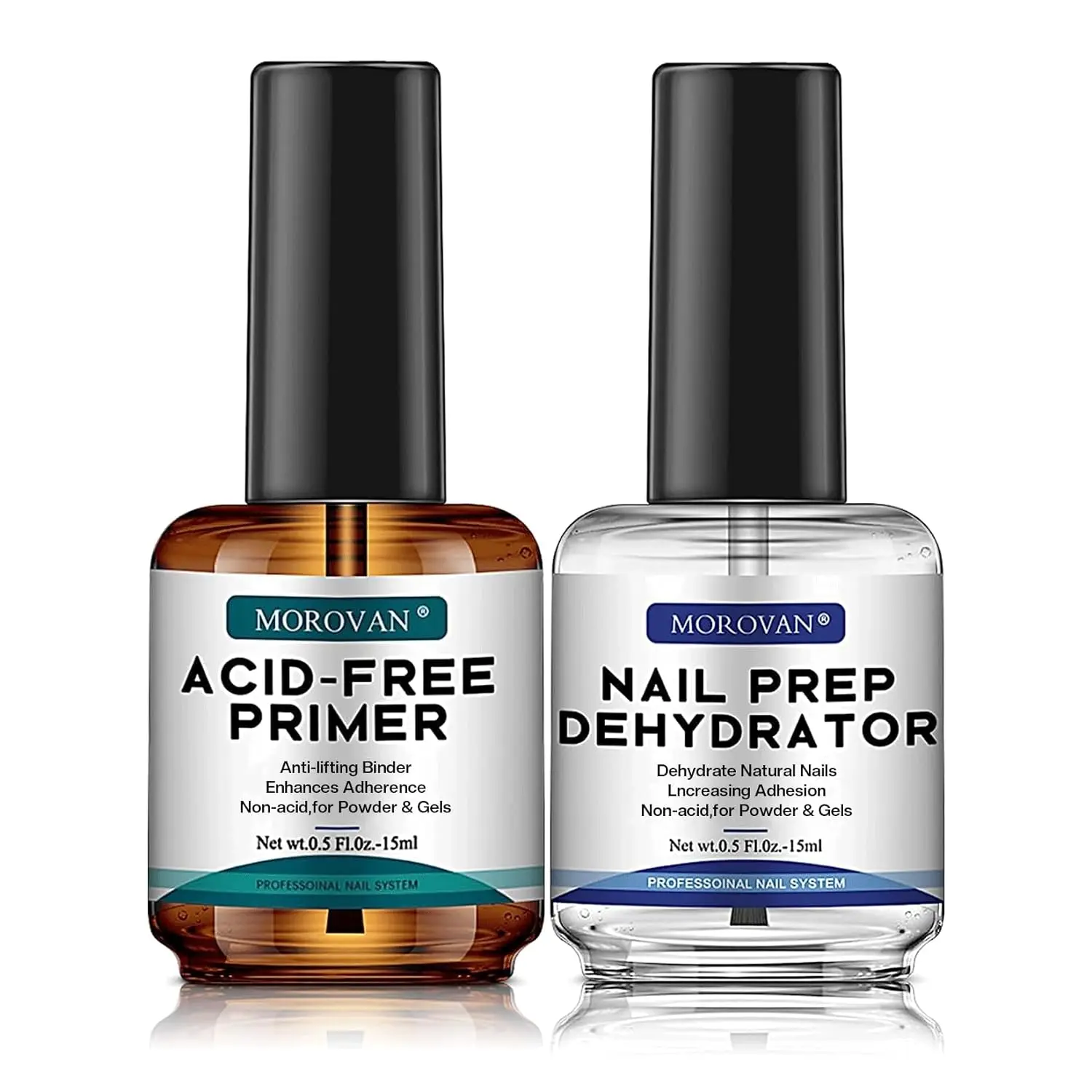 Professional Natural Nail Prep Dehydrator and Nail Acid-Free Primer Set,  Fast Air Dry For Gel Polish & Acrylic Powder 0.5oz