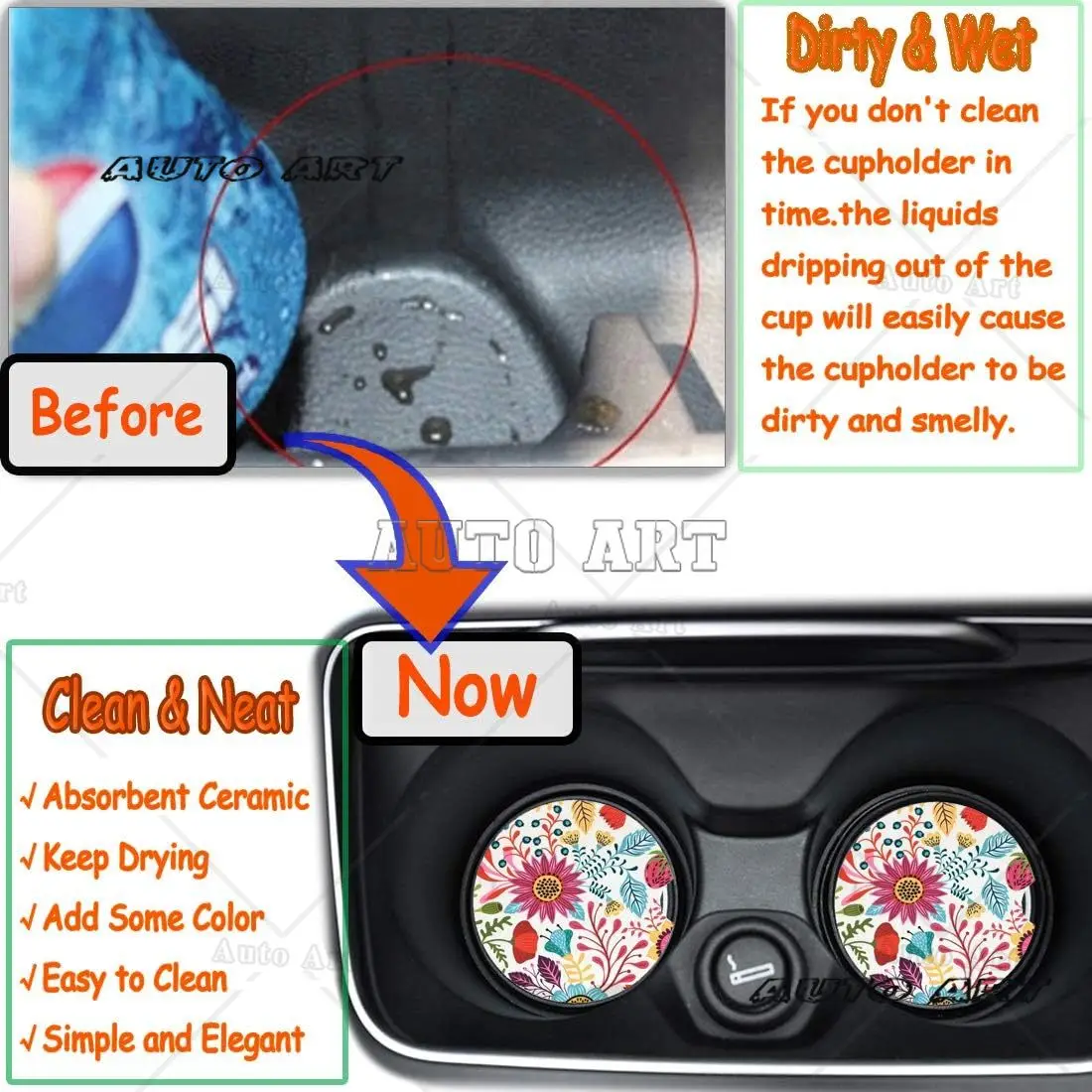 Car Coasters 2 Pack Auto Coasters for Cup Holders Ceramic Car Accessories Absorb Spills to Keep Cupholders Sunflower