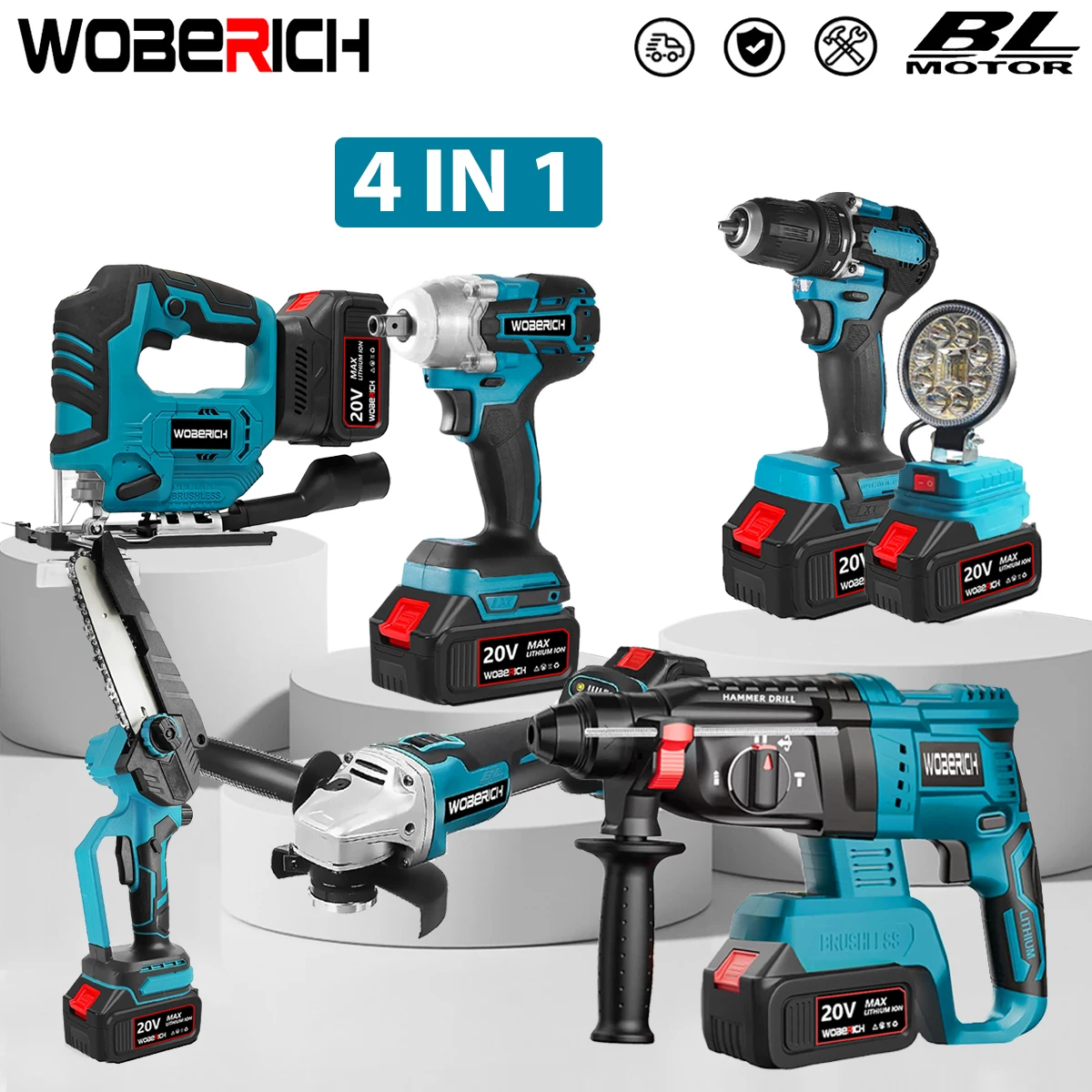 WOBERICH 4 in 1 brushless electric jig saw chainsaw angle grinder electric impact wrench driver drill working light 2x battery combo bits