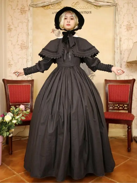 

Victorian Black Bishop Sleeves Vintage Civil War Southern Belles Dress and Shawl Set Renaissance Costume Mourning Dress