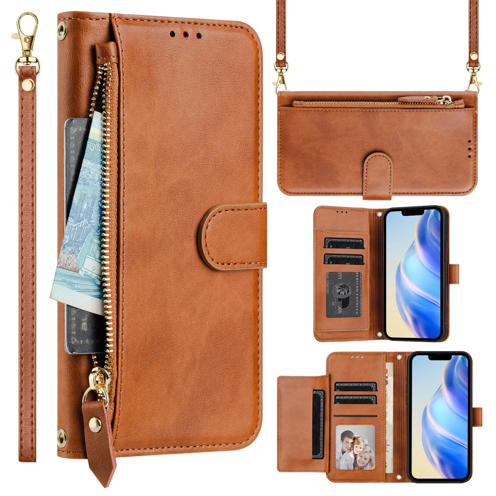 Vintage Leather Crossbody Flip Wallet with Multi-Card Slots and Zippered Pouch