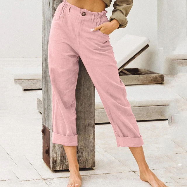 Pantalones Cargo de lino con cintura elástica para mujer, ropa de