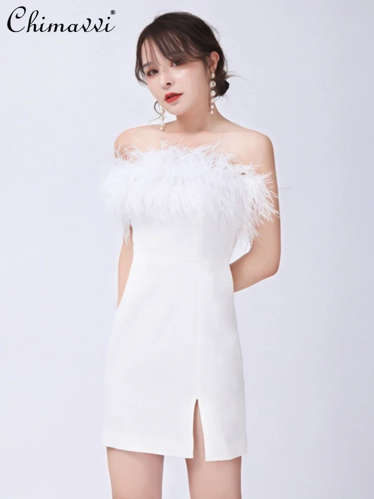 

Fashion Elegance Sleeveless Backless Feather High Waist Slim Sexy Split Strapless Birthday Party Short Dress Women 2024 Summer