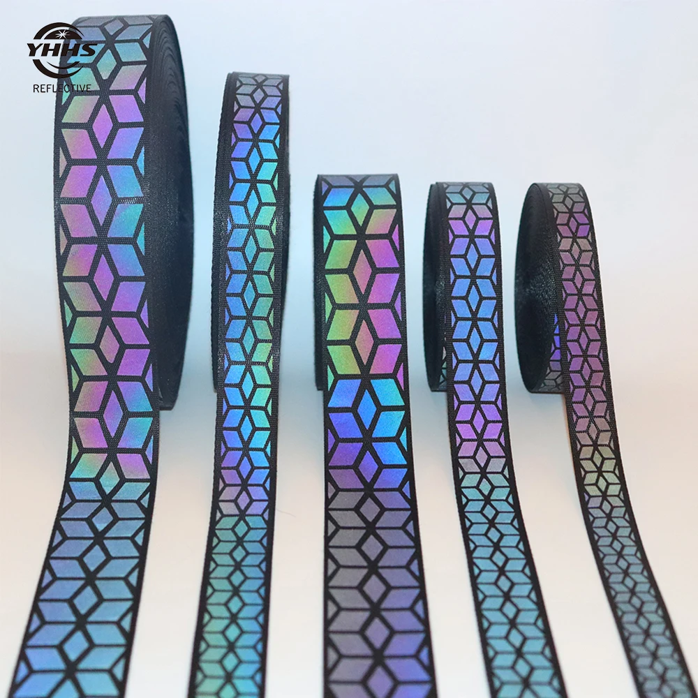 Rainbow Reflective Webbing High Visibility Black Magic Gradient Garment Accessories Sewing On Clothes Shoulder Strap 5Meters Reflective Tape Bands Reflective Tape