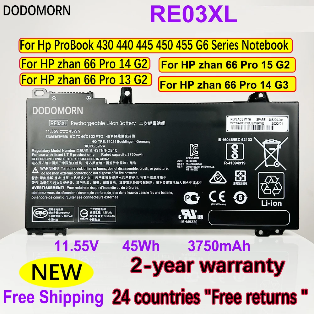 

New RE03XL 11.55V Laptop Battery For HP ProBook 430 440 445 450 455 G6 Series zhan 66 Pro 13 15 G2 14 G3 HSTNN-DB9A HSTNN-OB1C