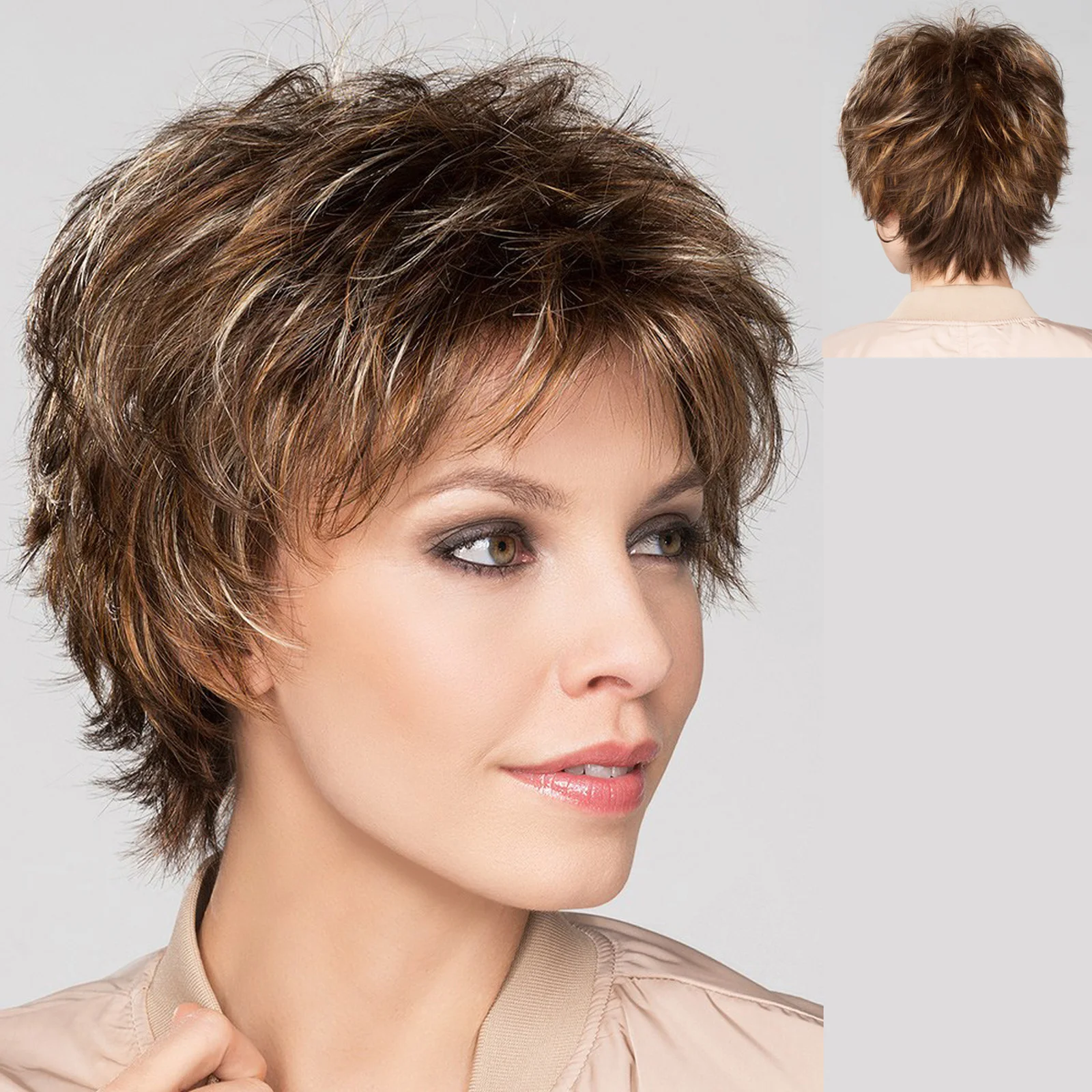 GNIMEGIL Synthetic Wig for Woman Short Brown Curly Wig with Bangs Fluffy Layered Hairstyle Female Natural Wig Lady Mommy Wig
