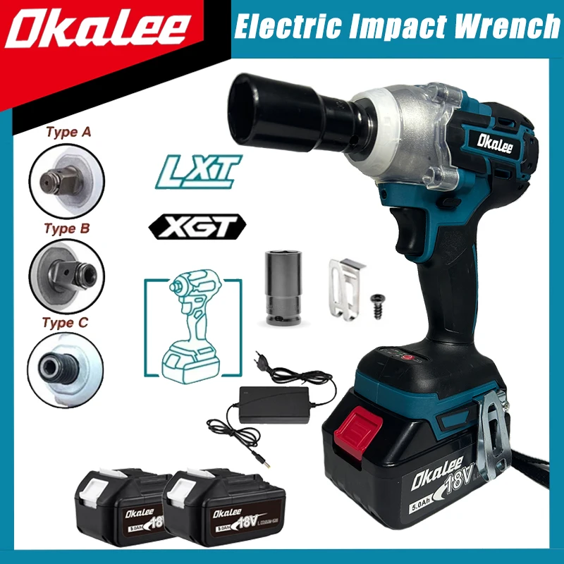 Okalee  Brushless Cordless 1/2 inch Electric Impact Wrench 520N.M Dual Function Screwdriver Power Tools for Makita 18V Battery 2 in 1 brushless cordless electric impact wrench 1 2 inch screwdriver socket power tools compatible for makita 18v（no battery）