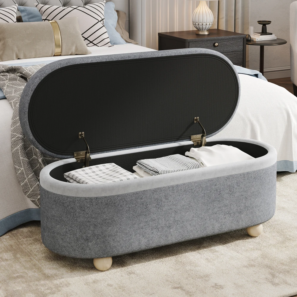 PINGGO Graue Fleece-Aufbewahrungsbank mit Holzbeinen und offenem Deckel 110x41x47cm für Wohnzimmer, Flur, Schlafzimmer – Detail 10