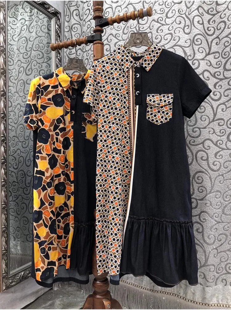 

High Quality Denim Dress 2024 Summer Fashion Women Turn-down Collar Vintage Print Patchwork Short Sleeve Casual Jeans Dress