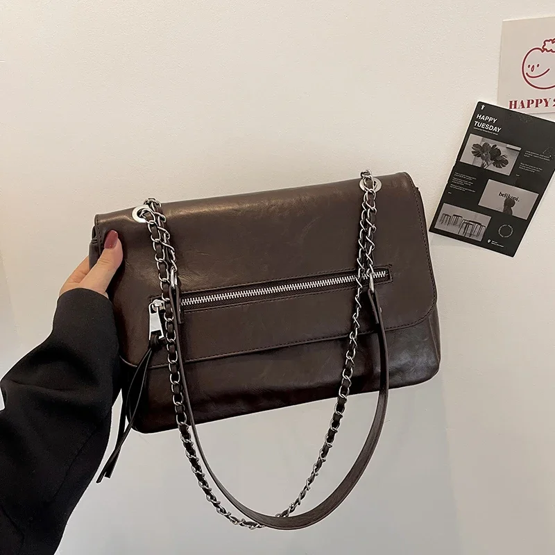 

Autumn Simple Vintage Flap Messenger Bags for Women Solid Color Pu Leather Shoulder Bag OL Daily Business Commute Chain Bag 2023