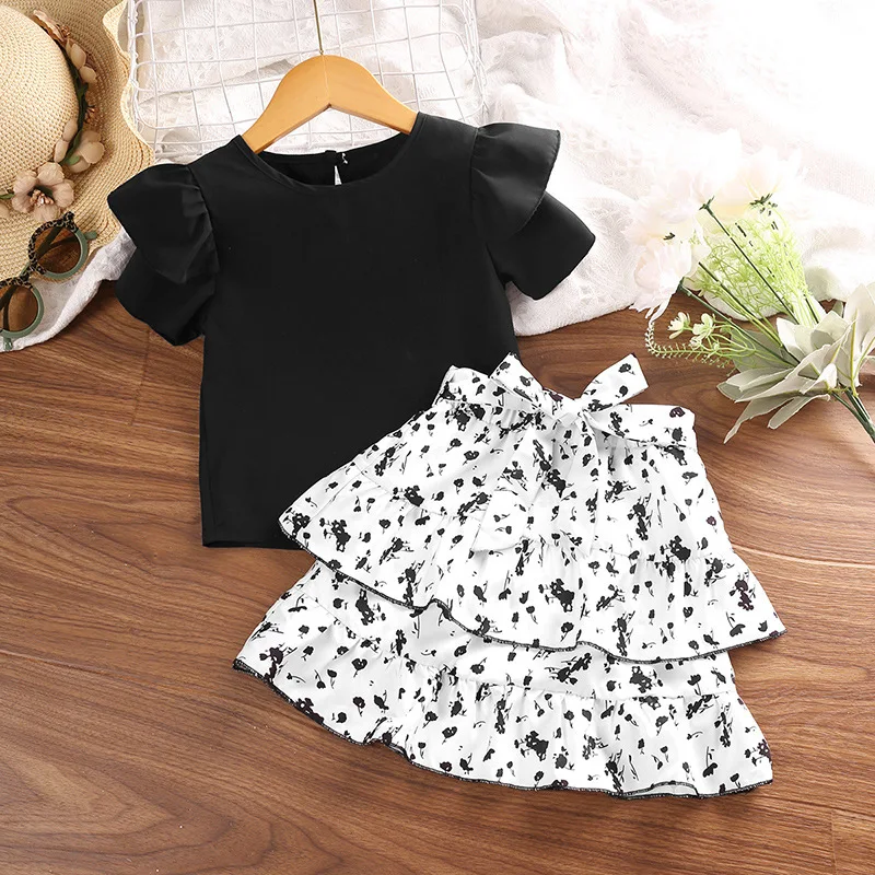 

Girls suit summer New ruffled short sleeves top floral cake dress two-piece CHILDREN'S clothing wholesale