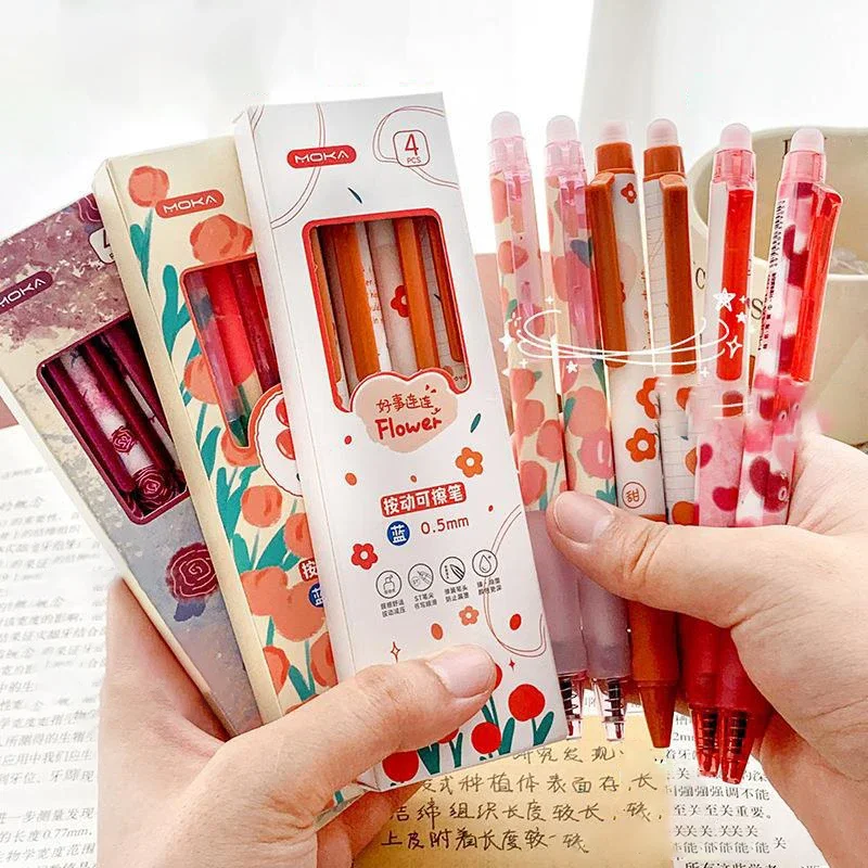 

4pcs Romantic Flower Press Erasable Neutral Pens with Erasers Black Blue Ink Mechanical Gel Pens Stationery Kids School Supplies