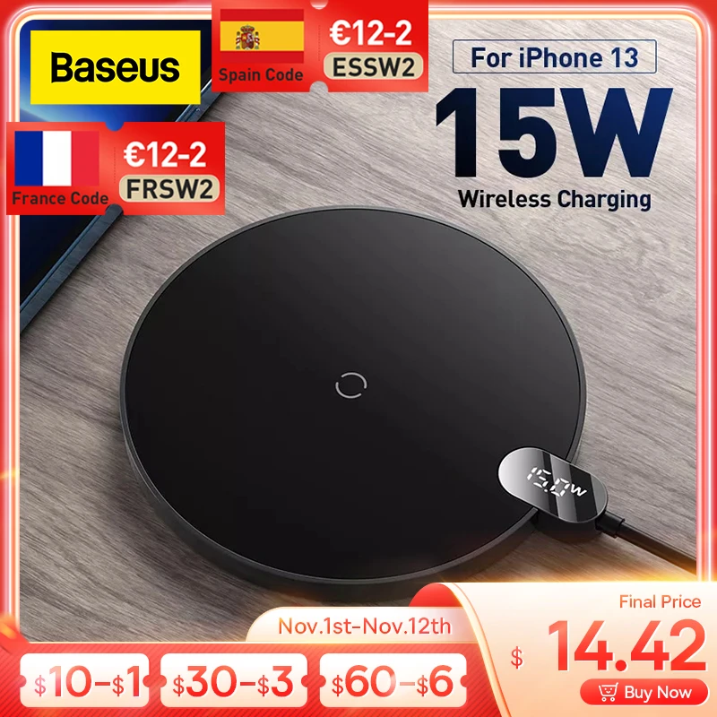 Baseus 15W Qi Wireless Charger For iPhone 13 12 Pro Max Digital Display