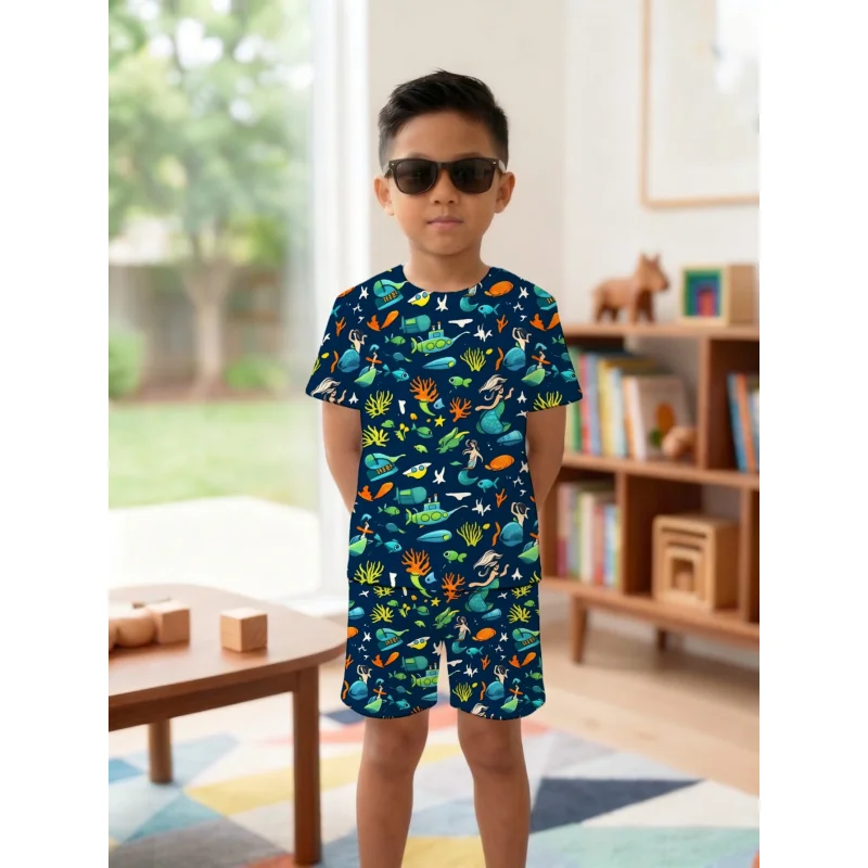 2 Pcs Boy Clothes Baby Cute Sets Summer Adventure Ocean Animal Print Outdoors Play Happy Kids Fun Active Wear For Little Boys 1