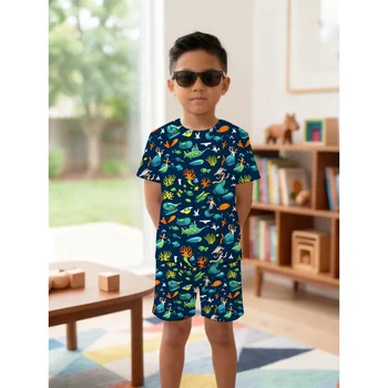 2 Pcs Boy Clothes Baby Cute Sets Summer Adventure Ocean Animal Print Outdoors Play Happy Kids Fun Active Wear For Little Boys 1