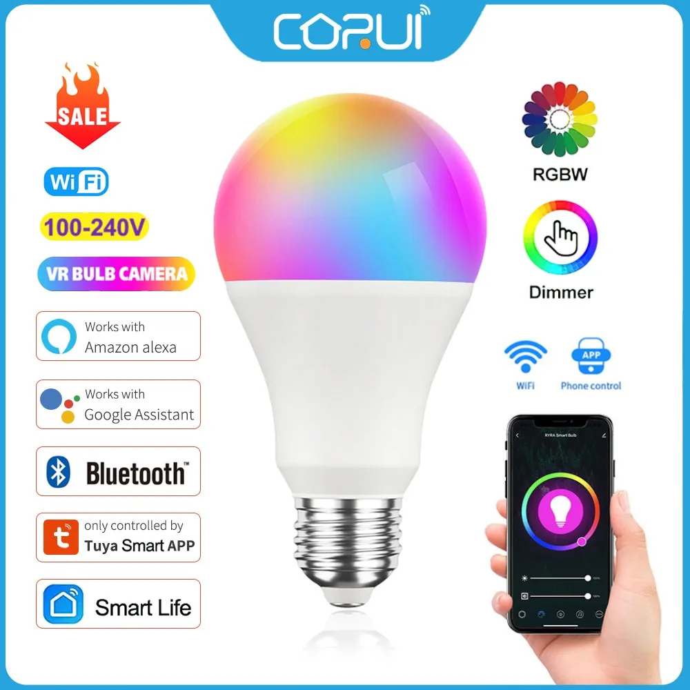CORUI Tuya WiFi E27 B22 Smart Dimmable Bulb RGBCW 100-240V LED Light Smart Life App Control Support Alexa Google Home Alice