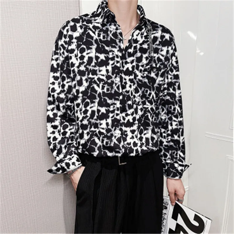 Oversize Loose Shirt Men Print Chain Design Full Length Blouse Leopard Boys Shirt Social Hawaiian Korean Fashion Clothing 2022