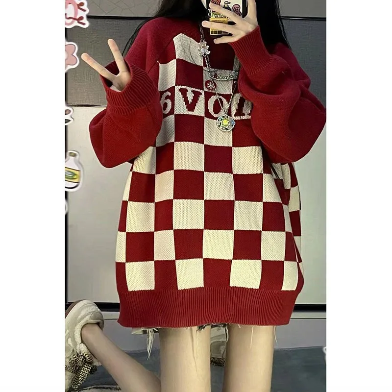 

2023 New Arrival Autumn Women Loose Casual Vintage O-neck Long Sleeve Pullover All-matched Plaid Design Knitted Sweater D148