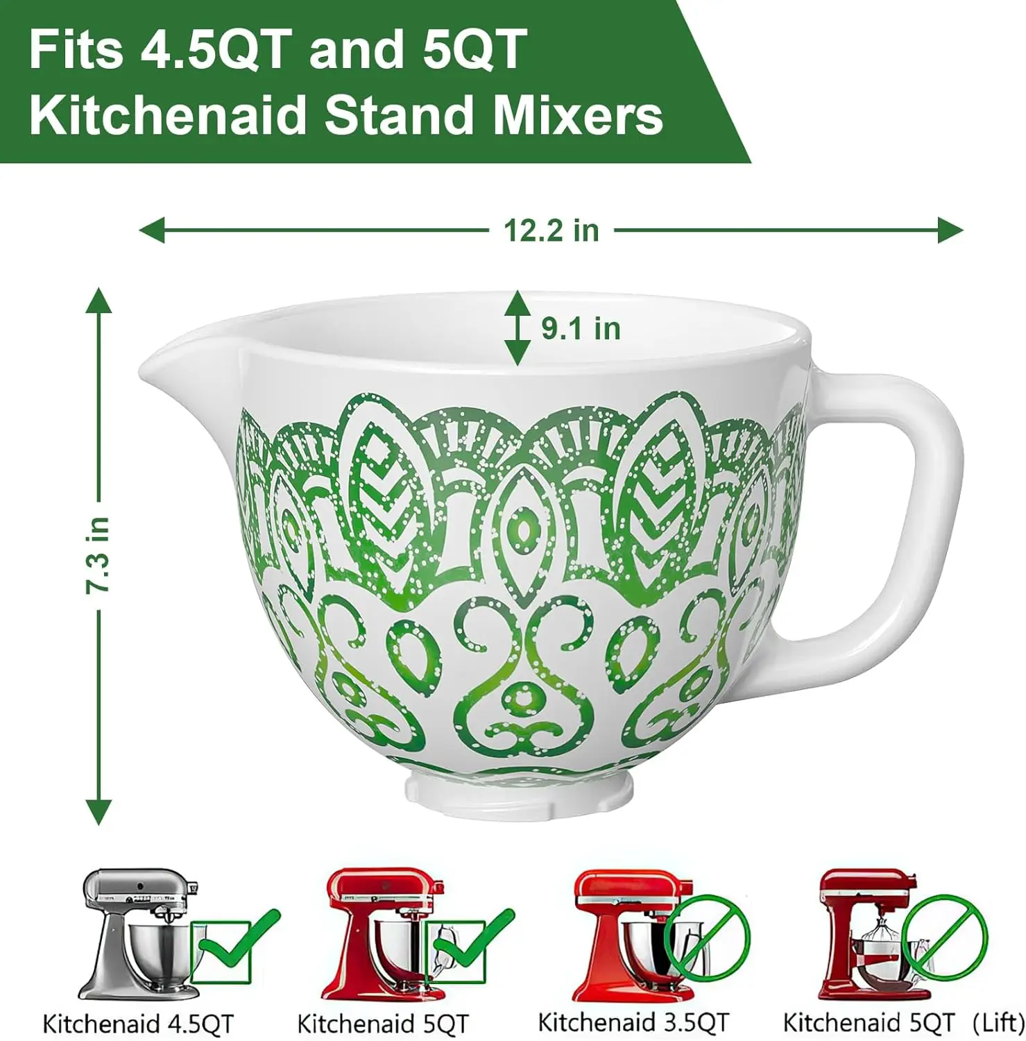 Gvode Ceramic Mixer Attachment Fit all Kitchenaid Mixer Bowl, 4.5-5Q  Tilt-Head Ceramic Bowl for Kitchenaid Mixer, 5 QT Kitchenaid Bowl -  White(does not include kitchenaid stand mixer)