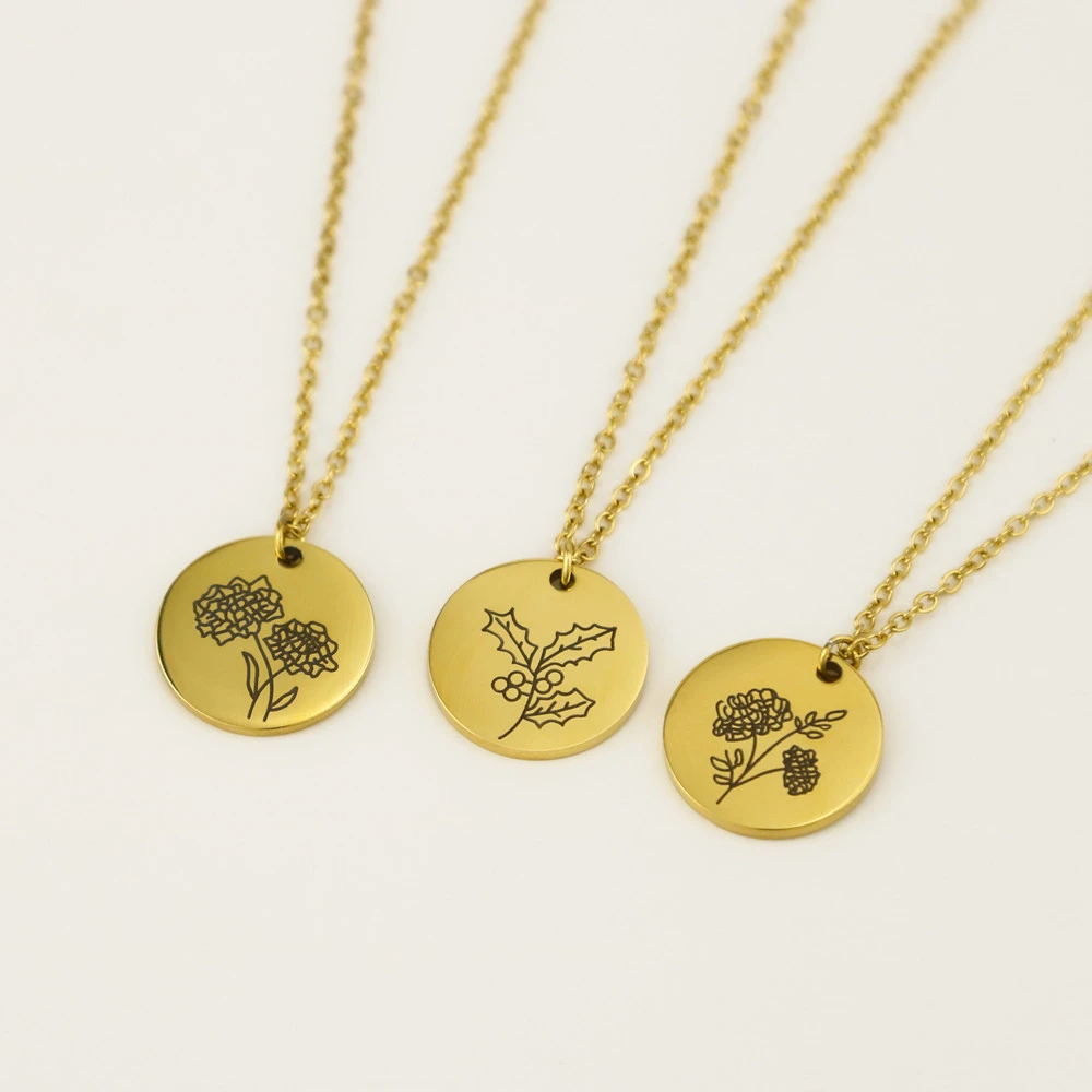 

10pcs/Lot Birth Month Flower Necklace Birth Flower Pendant Disc Necklace Birthflower Rose Gold Silver Plated Chain Choker BFF