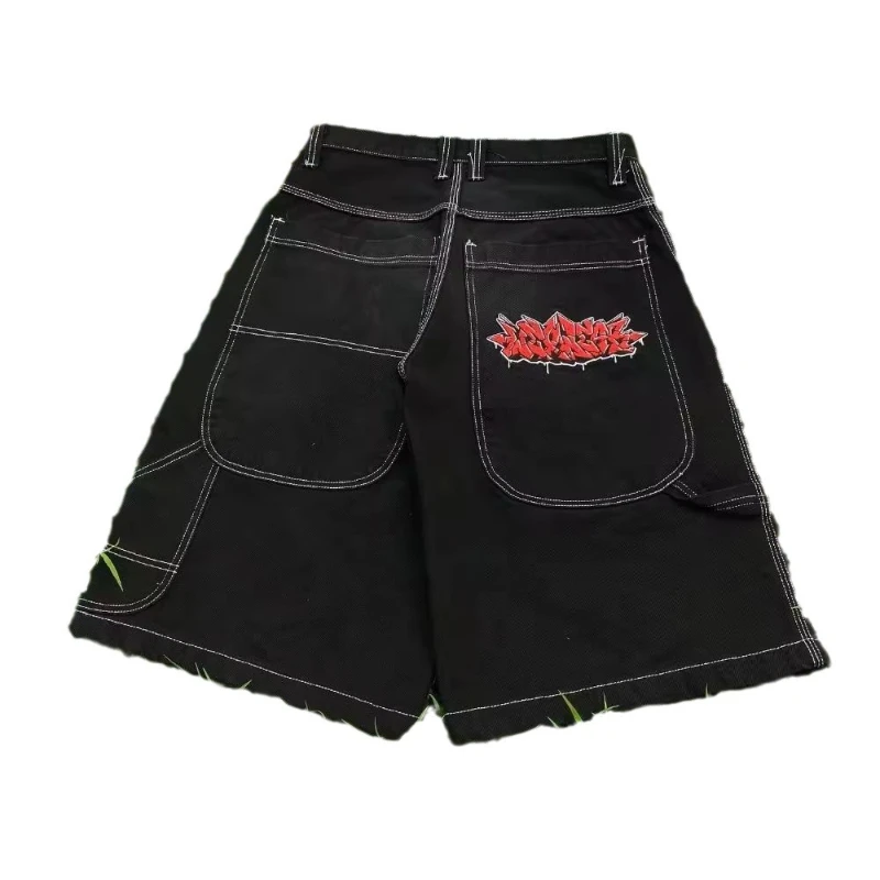 QWEEK 여성용 헐렁한 Jorts 빈티지 아메리칸 스트리트웨어, 와이드 레그, 무릎 길이 청바지, 고딕 자수, 루즈 데님 반바지, Y2k, 여름