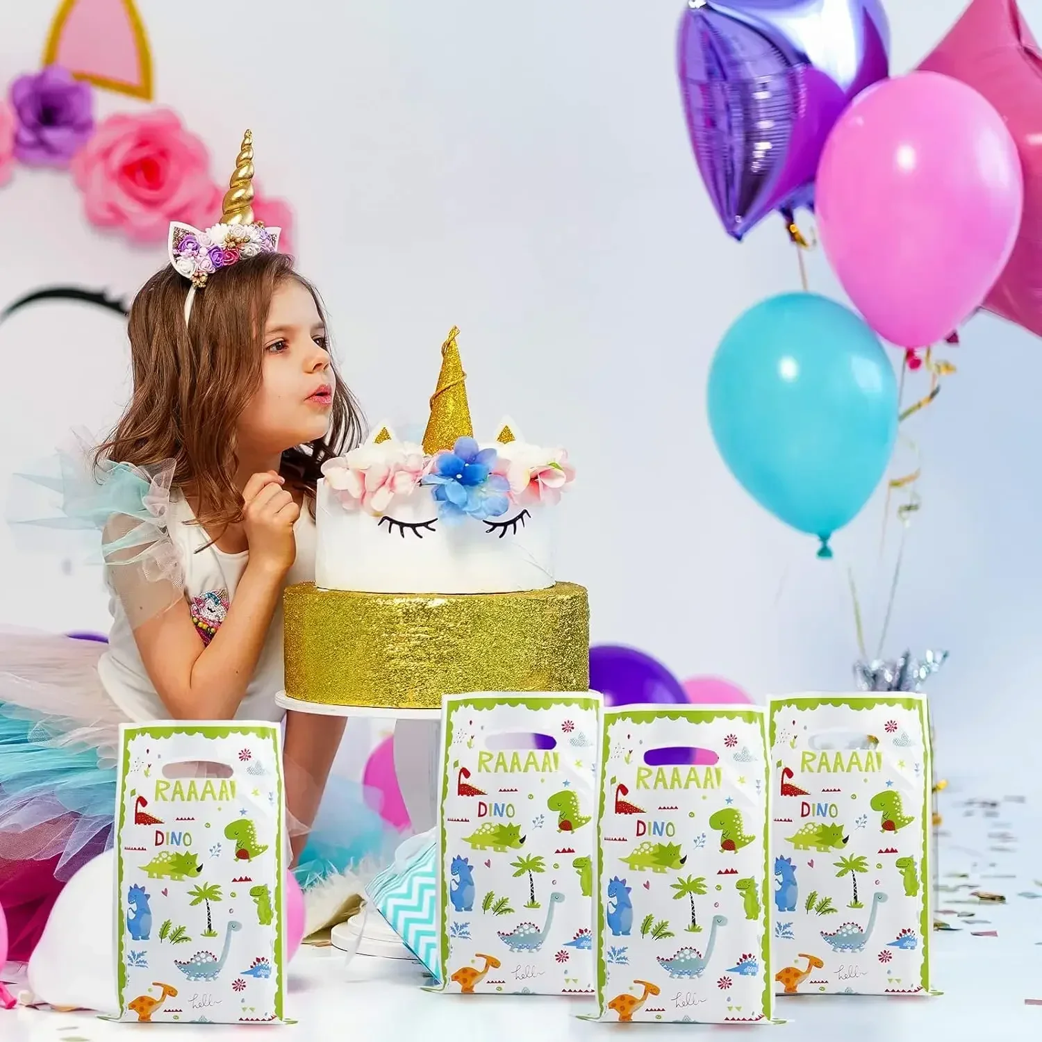 20pcs 유니콘 생일 선물 가방 공룡 파티 장식 플라스틱 Goodie 가방 어린이를위한 가방 치료 소녀 파티 베이비 샤워 캔디