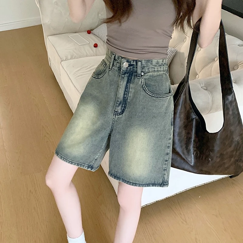 2024 Spring New Denim Shorts Women American Retro Straight Wide Leg High Waist Solid Color Casual Versatile Short Pants Female
