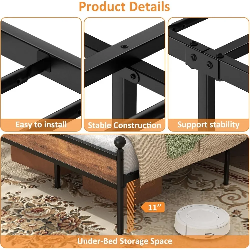 Bed Frame with Headbord, Canopy Bed Frame, Metal Black Iron Bed Platform with Charging Station and LGB Light No Box 6