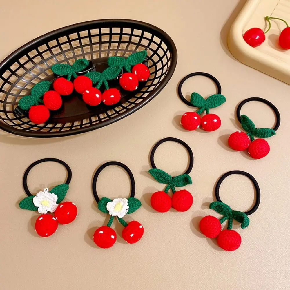 

Red Cherry Headdress Hair Clip Hairband Girls Cute Princess Hair Rope Clip Handwoven Woolen Hair Accessories