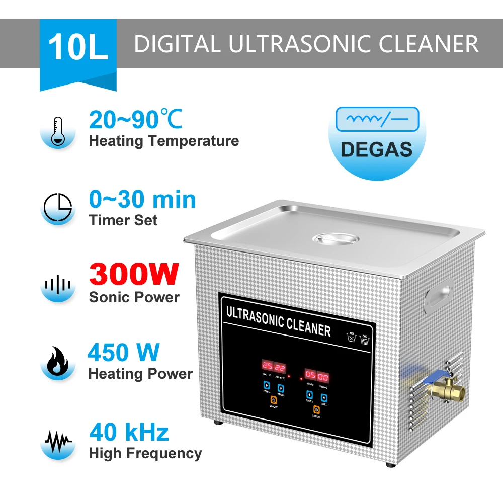 thumbnail image 1 of Baño ultrasónico digital de 900 W, 0,8 l, 2 l, 3 l, 6 l, 10 l, 15 l, 22 l, 30 l, temporizador de calentador, desgasificador, cesta de limpieza, limpiador ultrasónico, herramienta de limpieza, 1 of 5