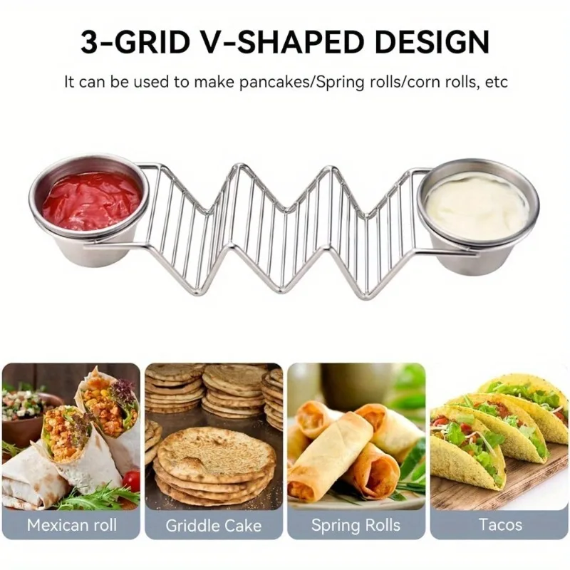 Stainless Steel Taco Stand Set with Detachable Sauce Cups, Spoon, and Condiment Holders Rust-Resistant Food Rack for Kitchen