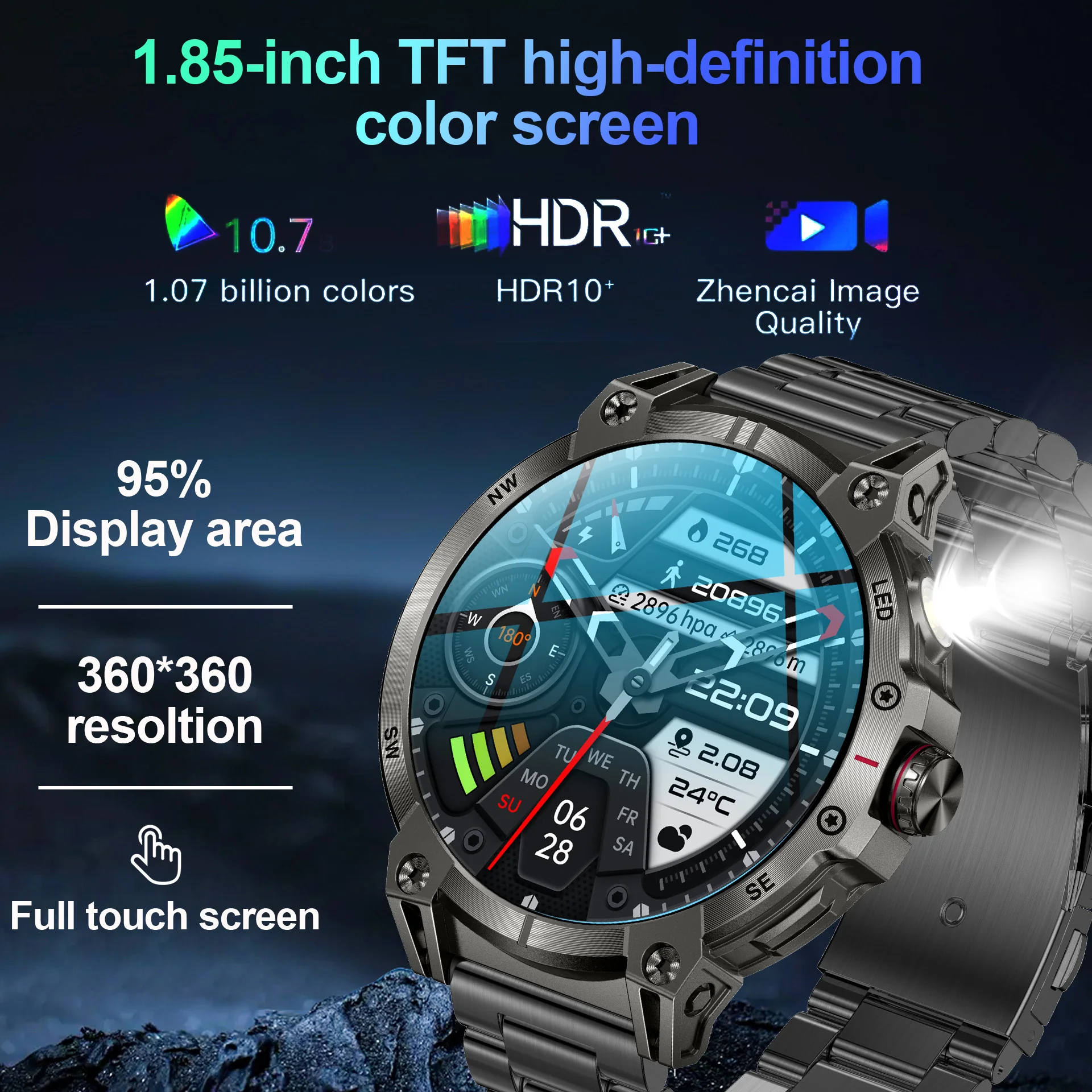 CanMixs 1.85��ġ ������ ����Ʈ �ð� ���� ��ħ�� 760mAh ���� ��ȭ Smartwatch IP68 ��� �߿� 100+������ Ʈ��Ŀ