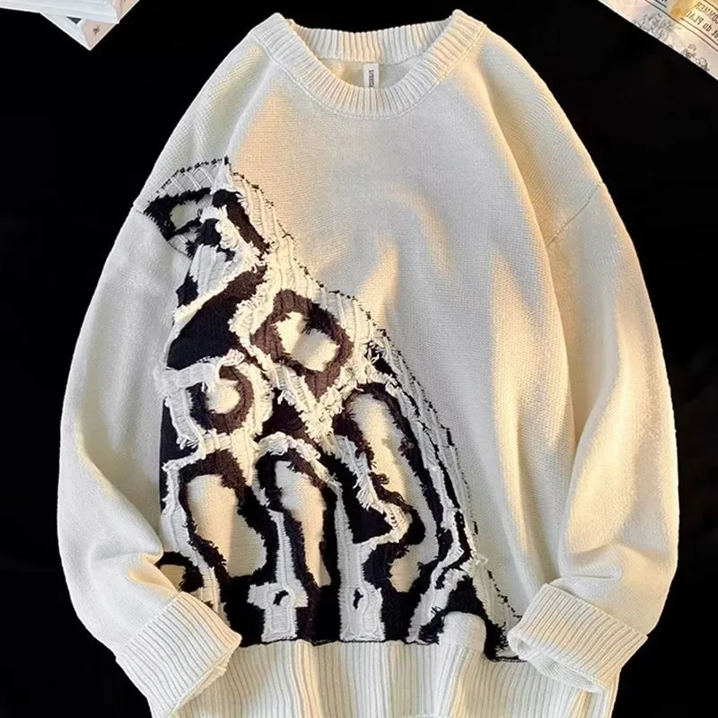 Korean Version of Trendy and Hollow Out Hole Crew Neck Sweater Y2k Autumn and Winter Couple's Hip-hop Contrasting Color Pullover