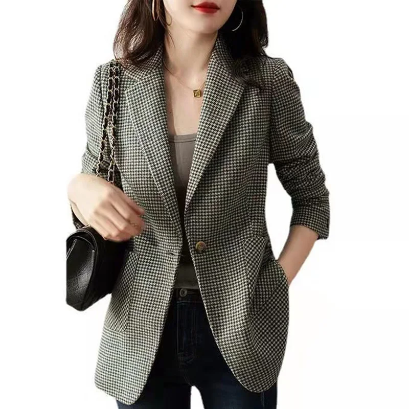 Elegant Lapel Button Spliced Pockets Houndstooth Blazer Women's Clothing 2023 Autumn New Casual Tops Loose Office Lady Blazers