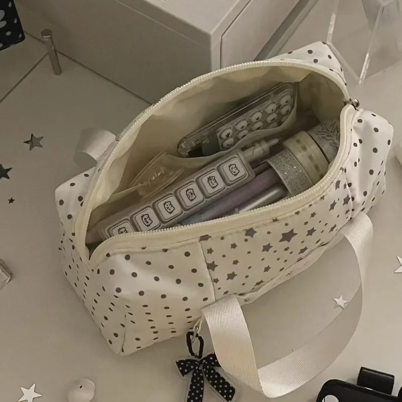 화이트 블루 컬러 스타 폴카 도트 토트 펜슬 케이스, 예쁜 키즈용 대용량 문구 정리함