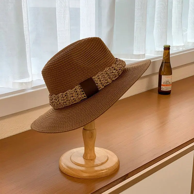 Beach Hat ﻿Summer Natural Wheat Straw Big Brim Flat Top Visor Sunshade Hats