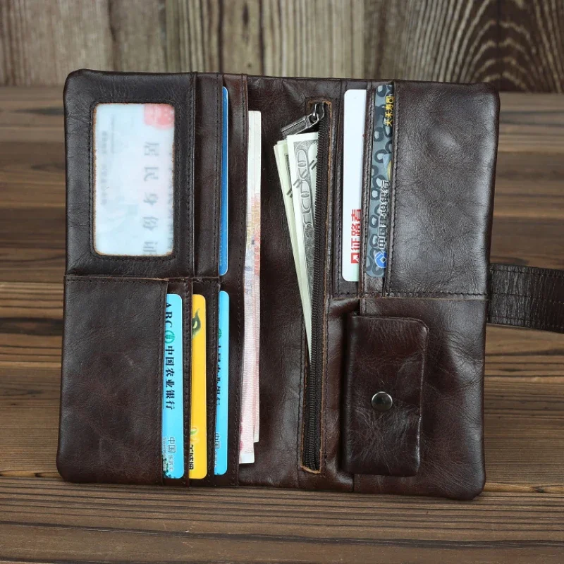 Genuine Leather Long Wallet Real Cowhide Leather Purse for Men and Women