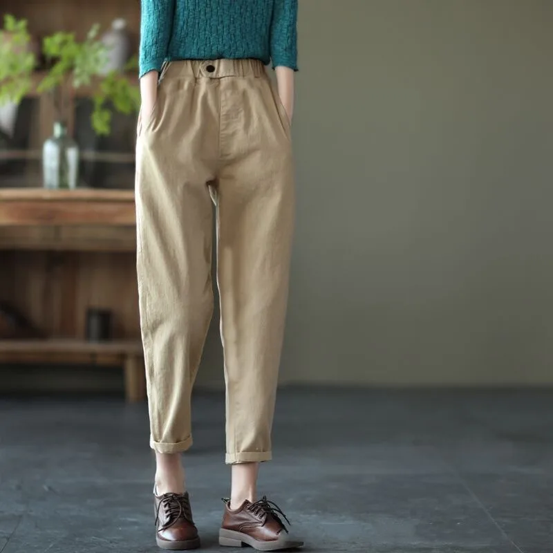 Women's 2024 Spring and Autumn New Retro Panel Elasticized Button Pocket Fashion Solid Color Casual Thin Versatile Harlan Pants
