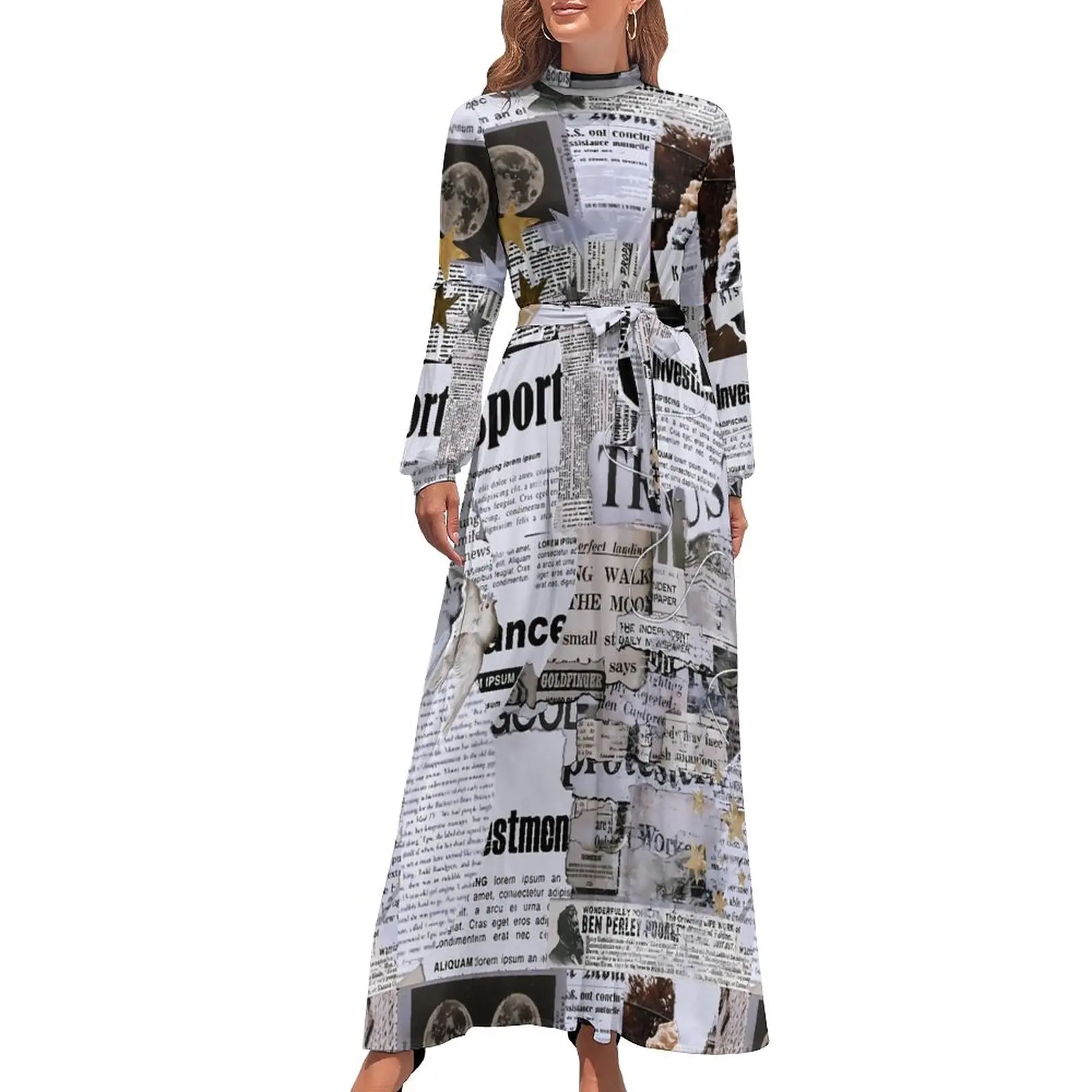 

Vintage Newspaper Dress High Waist Letter Print Graphic Beach Dresses Long Sleeve Stylish Long Maxi Dress Elegant Vestidos