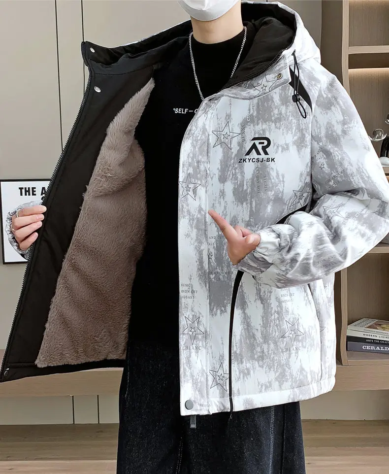Modische Herren-Plüschjacken mit Kapuze, warm, 2022, Winter, Jugend, hohe Streetwear, Fleece-Mantel, winddicht, dicker Samt, gepolstertes Oberteil – Detail 13