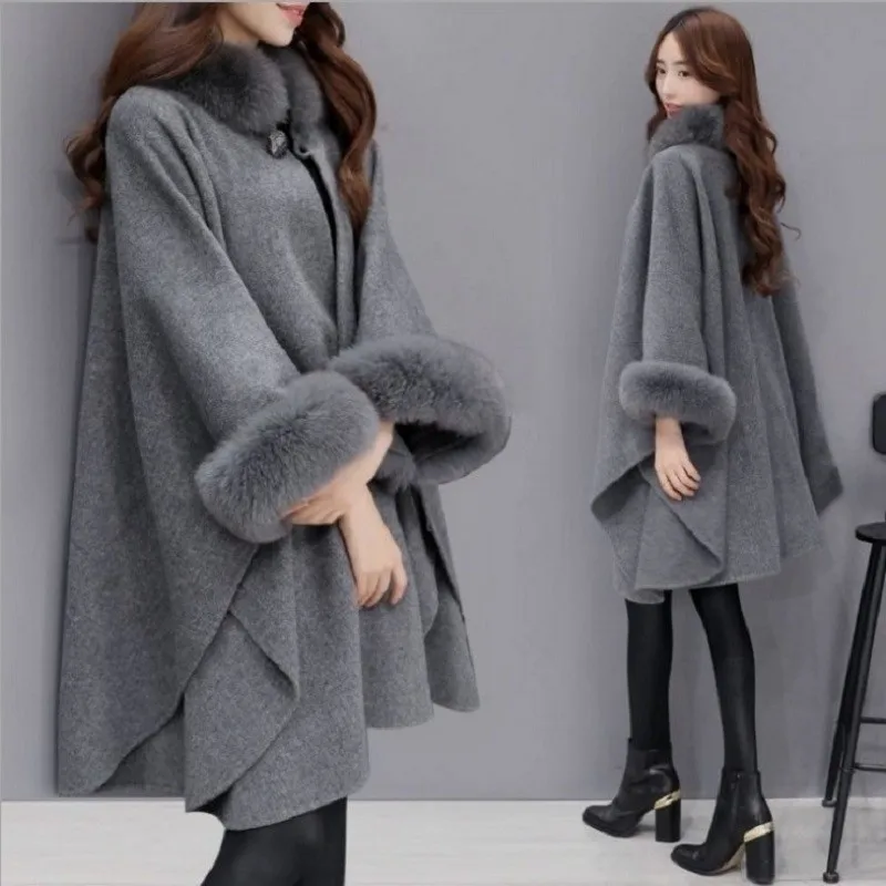 

Winter Fake Fur Coat Women's Poncho Jacket Ladies Bat Sleeve Warm Cape Overcoat Long Cloak Outwear Casual Shawl Female New 2023